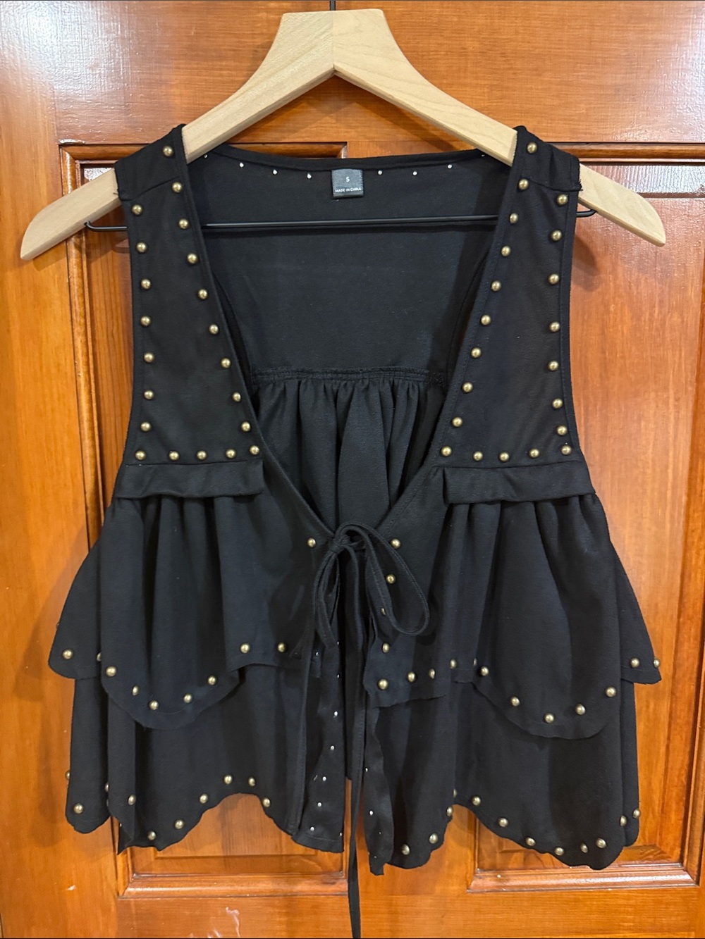 Black Studded Sleeveless Tiered Tie-Front Top